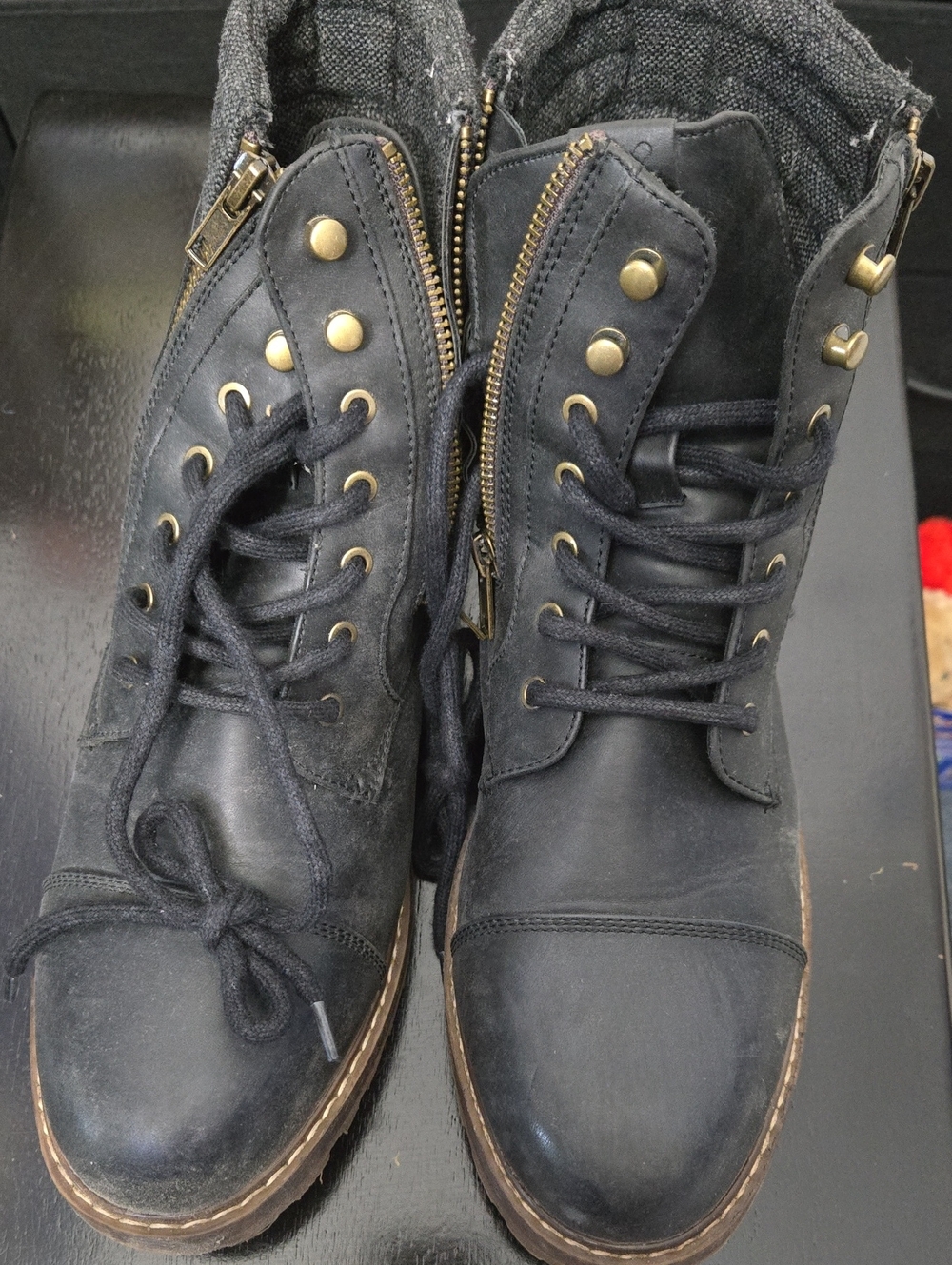 Denver Hayes Black Leather Lace-Up Combat Boots with Gold Hardware